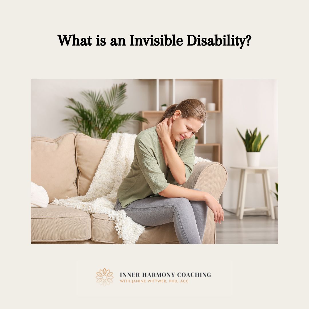 This is a picture of a woman sitting on a sofa holding her neck as if she has pain there. The caption reads "What is an Invisible Disability."